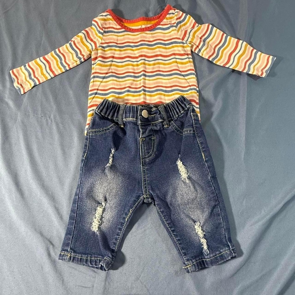 Baby girls stripes and denim pants outfit 12-18 months